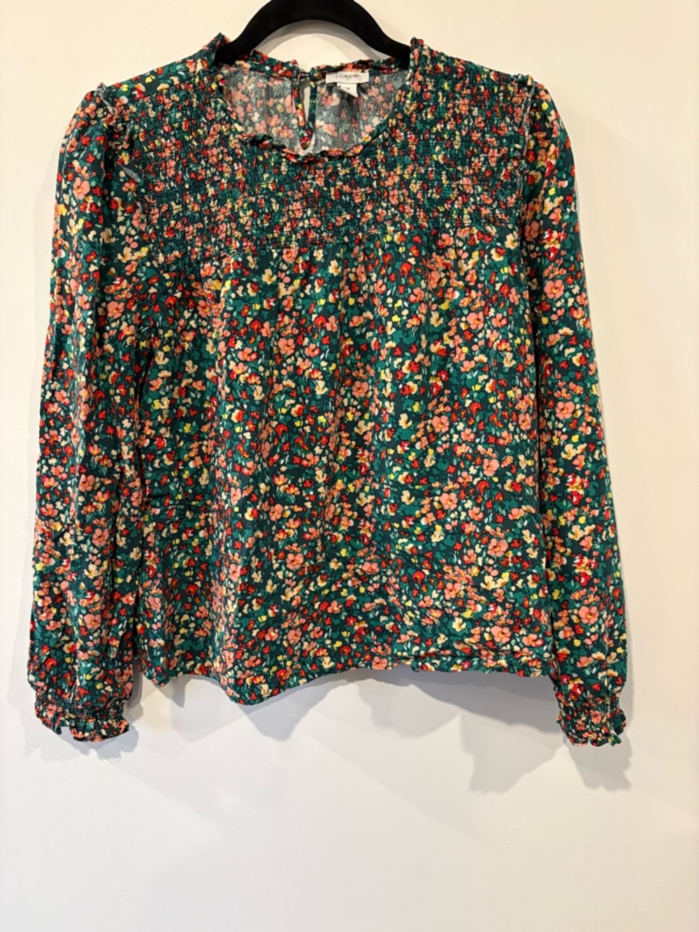 J. Crew Green Floral Smocked Yoke Blouse